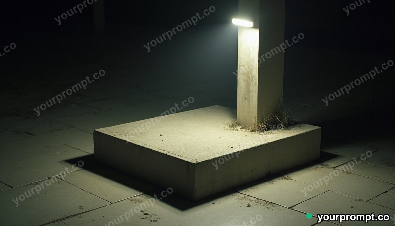 Concrete pillow block melting into geometric tiles under a single streetlight · analog empty archive — AI-generated image