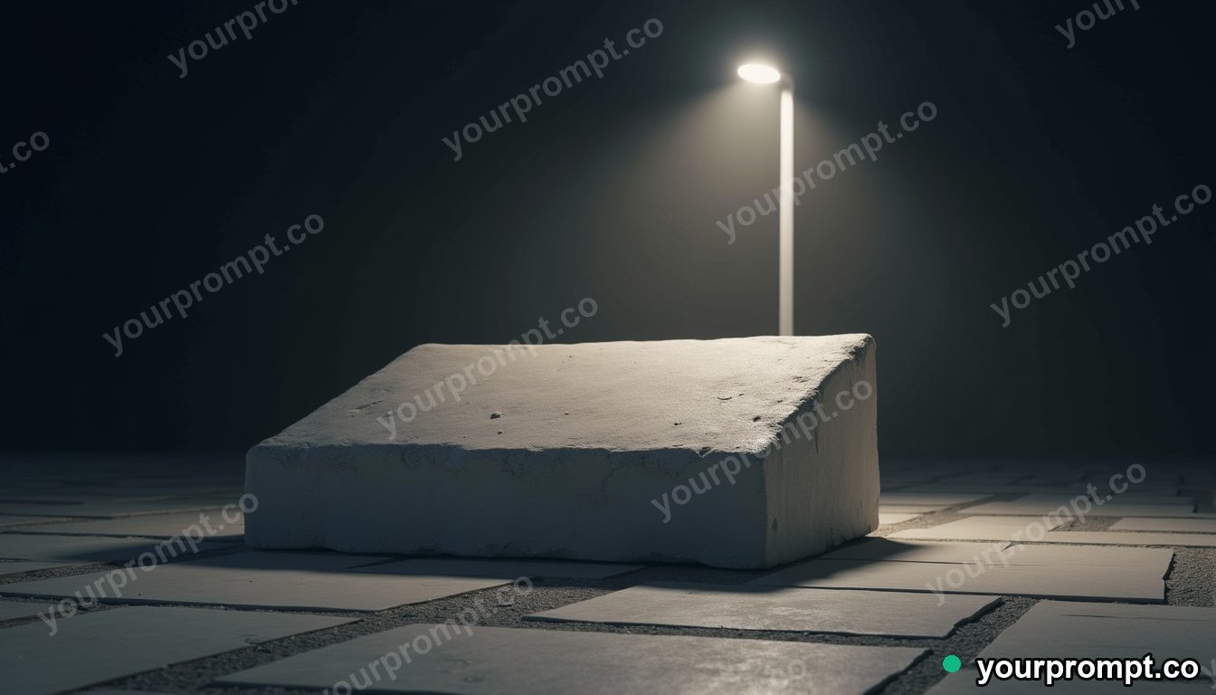 Concrete pillow block melting into geometric tiles under a single streetlight · impossible physics surreal — AI-generated image