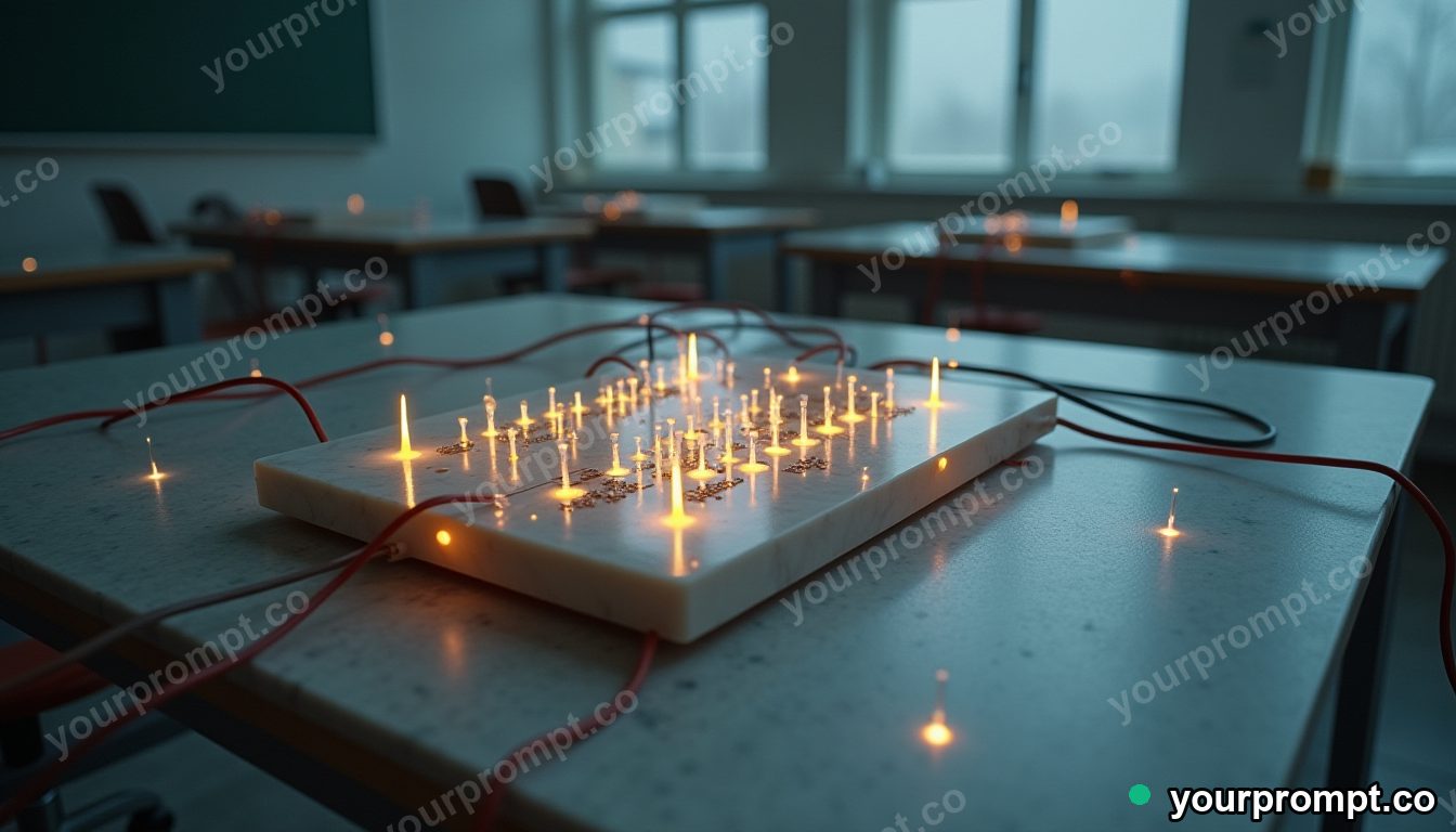 Marble circuit board connected to nothing by glowing cables inside an empty classroom — 5 AI style variations of one prompt