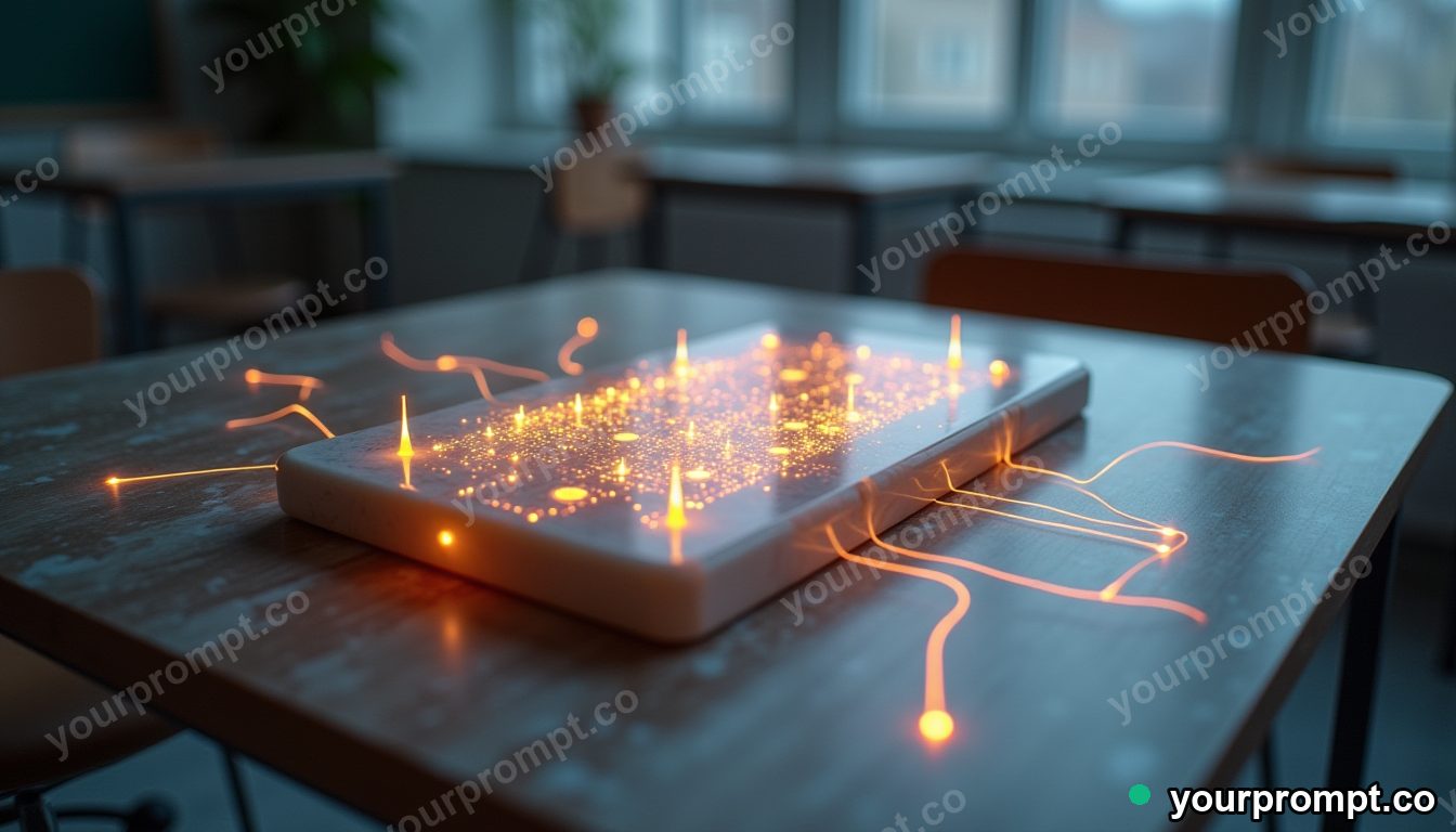 Marble circuit board connected to nothing by glowing cables inside an empty classroom · premium material editorial — AI-generated image