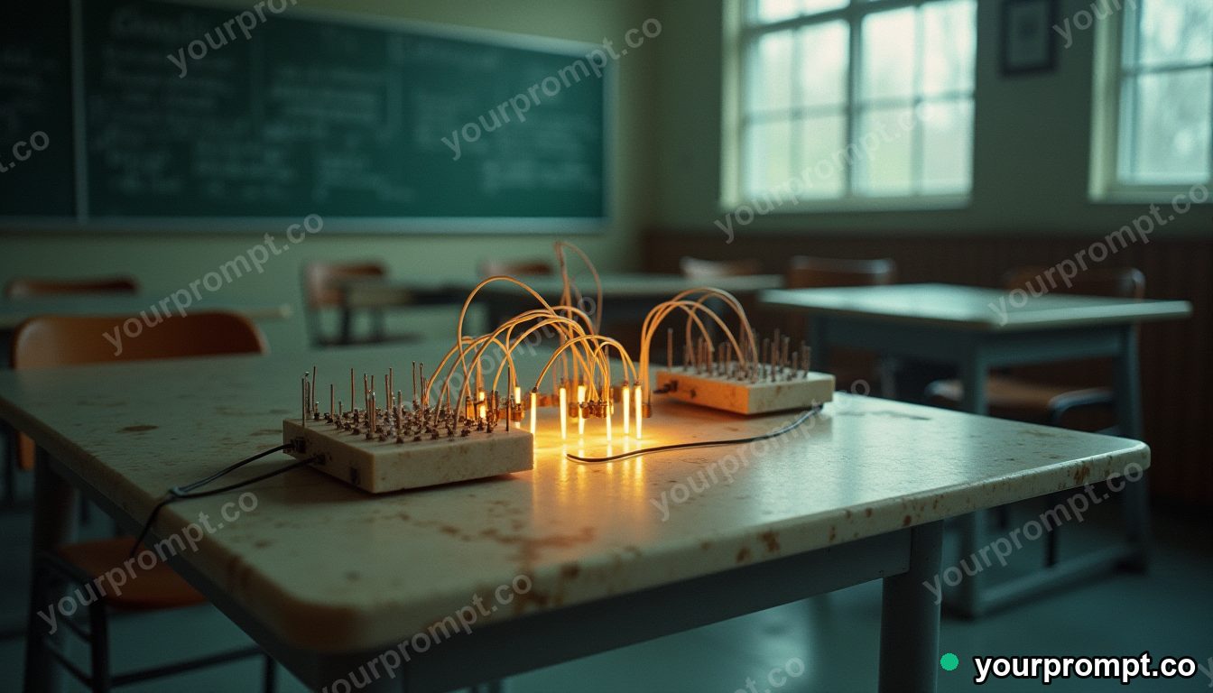 Marble circuit board connected to nothing by glowing cables inside an empty classroom · analog empty archive — AI-generated image