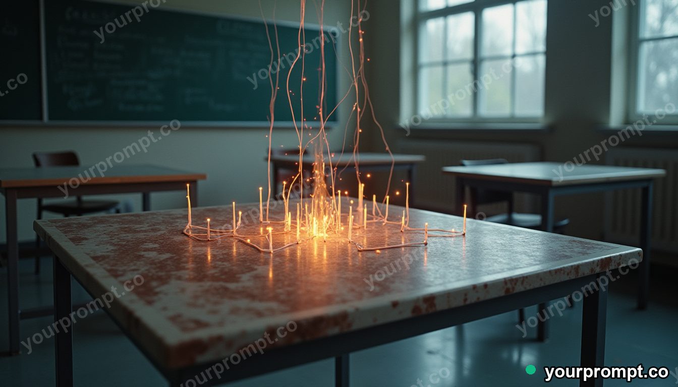 Marble circuit board connected to nothing by glowing cables inside an empty classroom · impossible physics surreal — AI-generated image