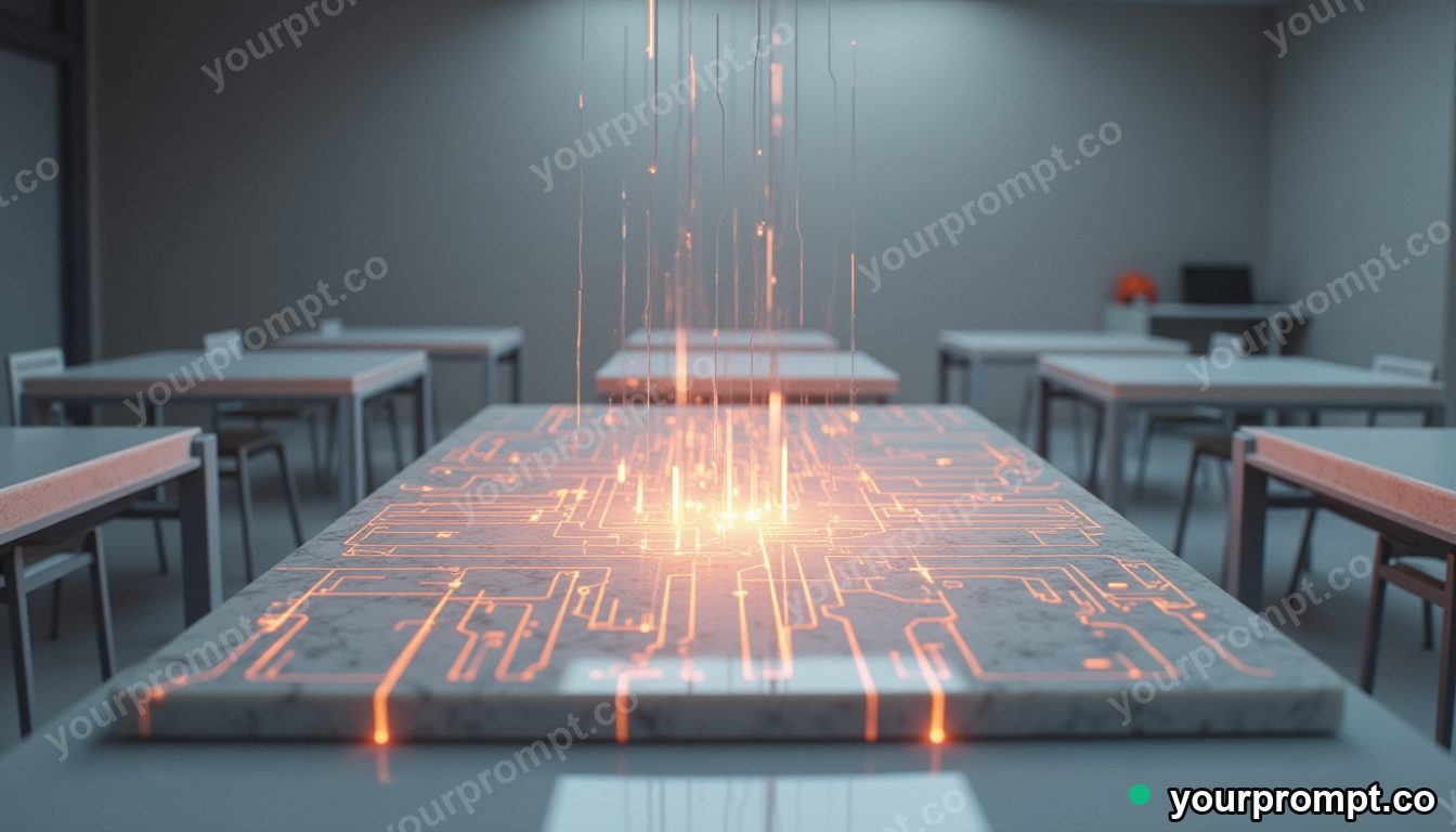 Marble circuit board connected to nothing by glowing cables inside an empty classroom · minimal graphic geometry — AI-generated image