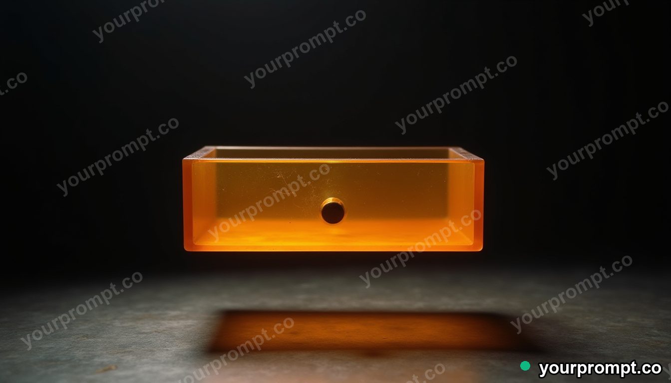 Amber resin drawer hovering a few centimeters above the floor in a black-box studio · analog empty archive — AI-generated image