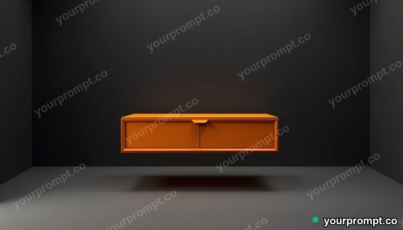 Amber resin drawer hovering a few centimeters above the floor in a black-box studio · minimal graphic geometry — AI-generated image
