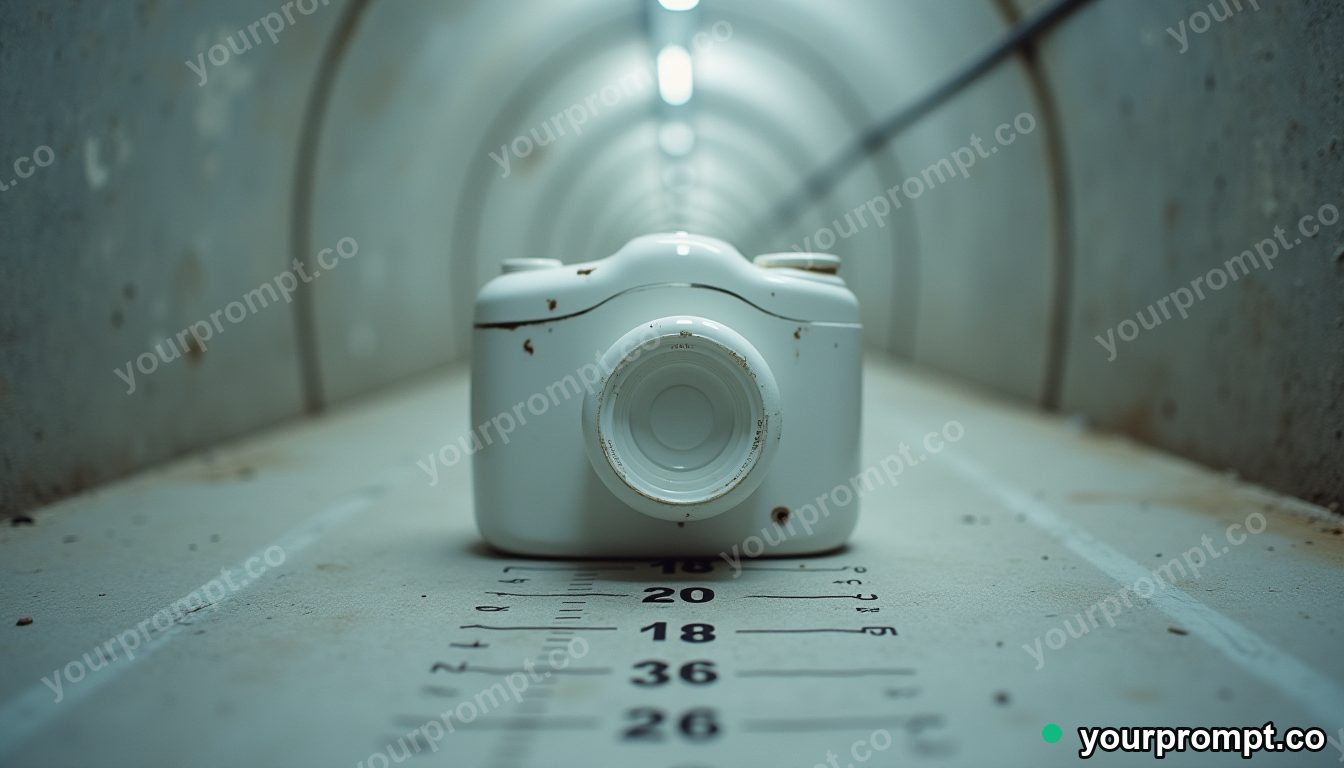 Porcelain camera shell surrounded by precise measurement marks without numbers inside a concrete tunnel — 5 AI style variations of one prompt