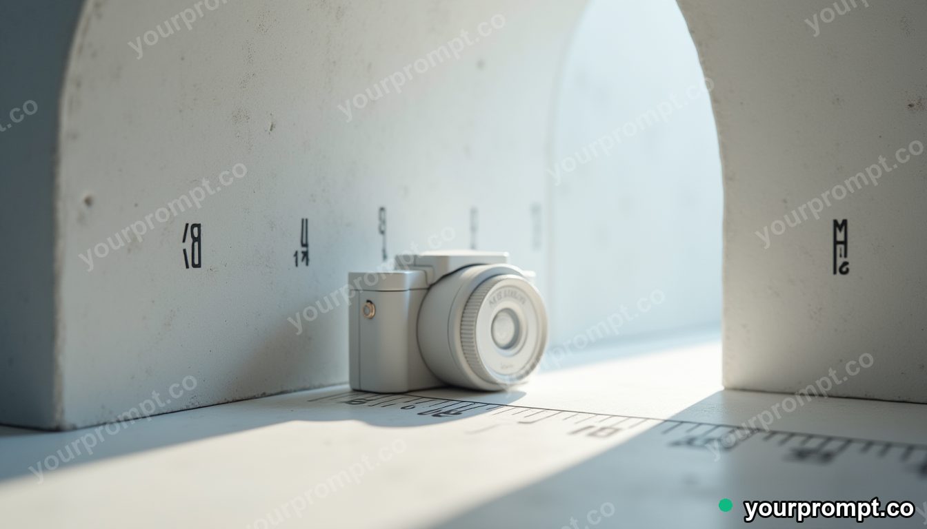 Porcelain camera shell surrounded by precise measurement marks without numbers inside a concrete tunnel · premium material editorial — AI-generated image