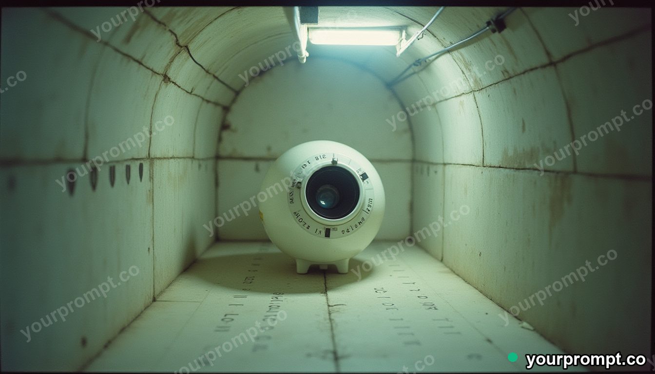 Porcelain camera shell surrounded by precise measurement marks without numbers inside a concrete tunnel · analog empty archive — AI-generated image
