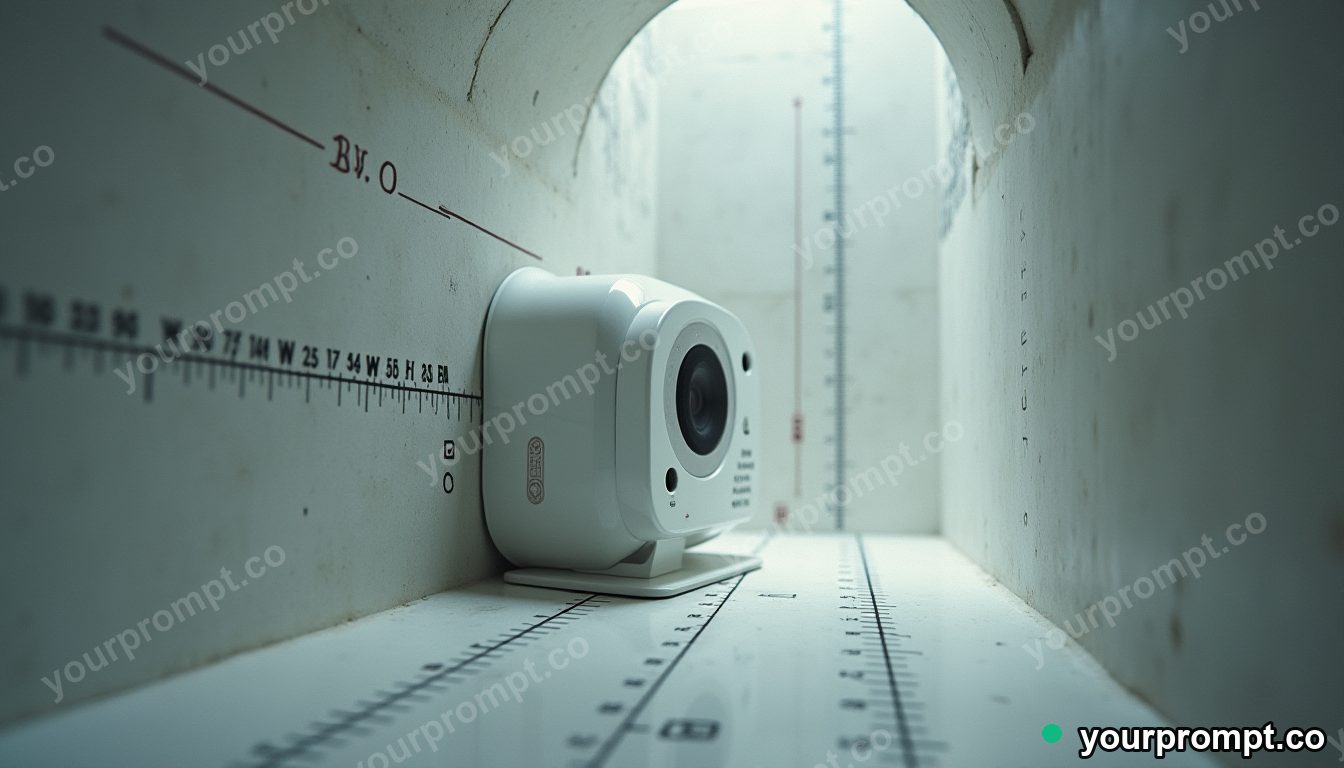 Porcelain camera shell surrounded by precise measurement marks without numbers inside a concrete tunnel · impossible physics surreal — AI-generated image