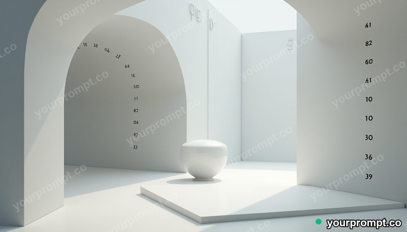 Porcelain camera shell surrounded by precise measurement marks without numbers inside a concrete tunnel · minimal graphic geometry — AI-generated image