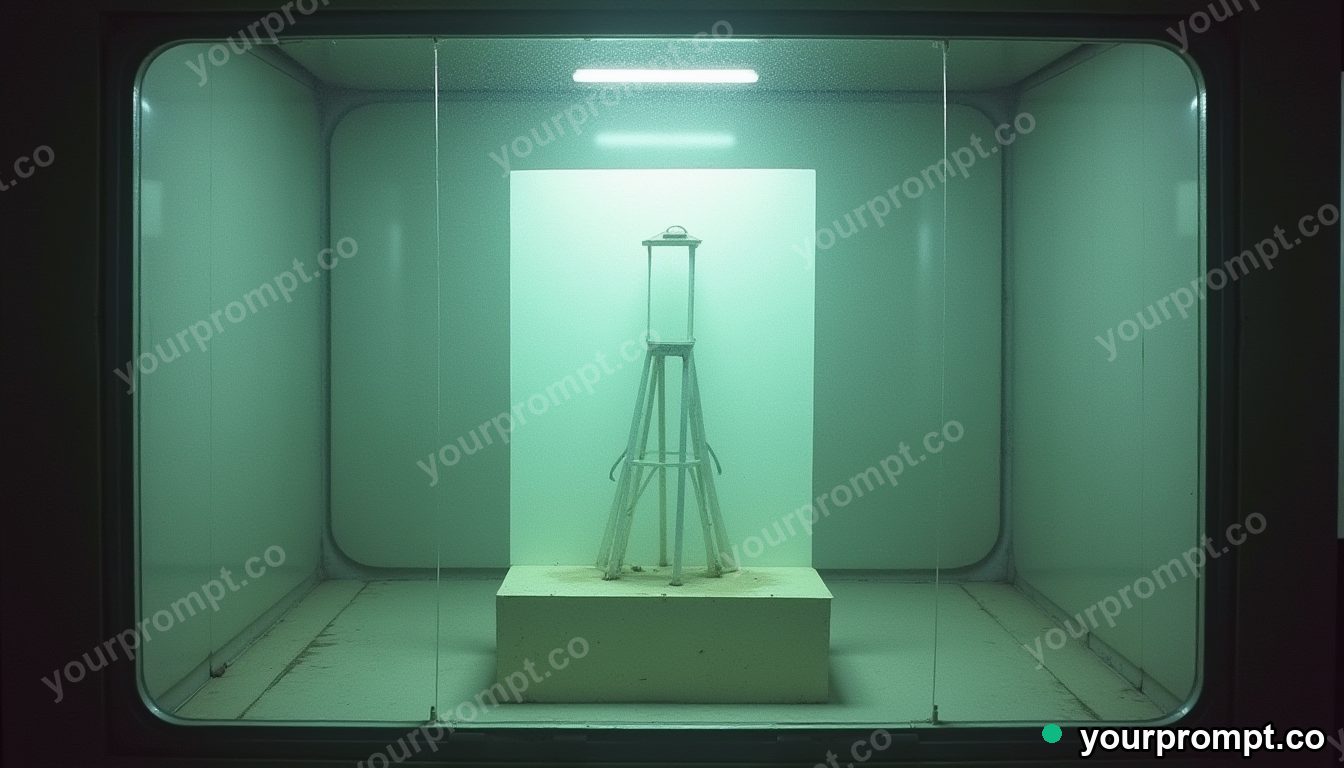 Empty frame tower half-covered by a sheet of clear resin inside a glass test chamber · analog empty archive — AI-generated image