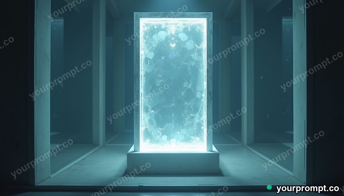 Empty frame tower half-covered by a sheet of clear resin inside a glass test chamber · impossible physics surreal — AI-generated image