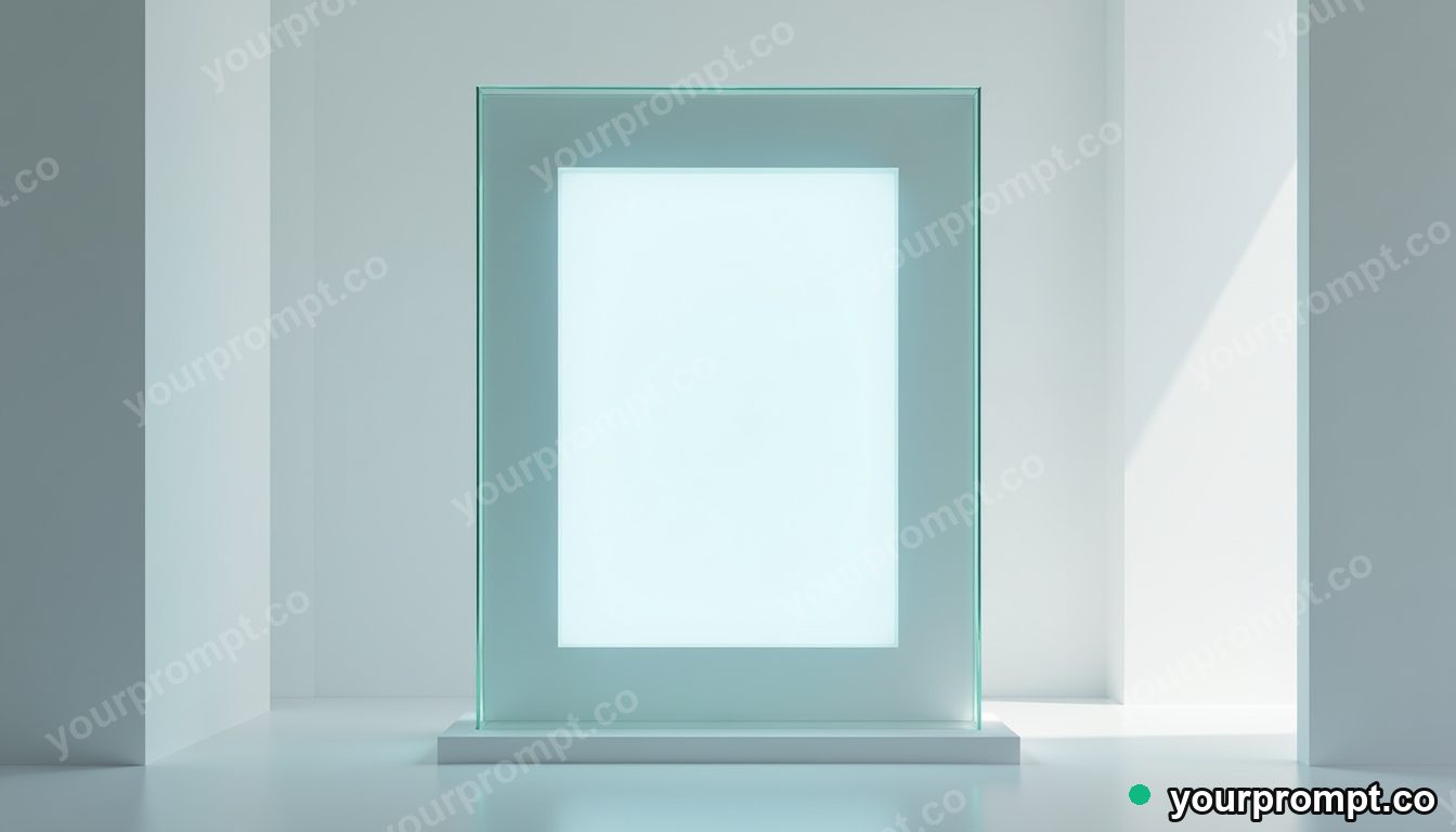 Empty frame tower half-covered by a sheet of clear resin inside a glass test chamber · minimal graphic geometry — AI-generated image