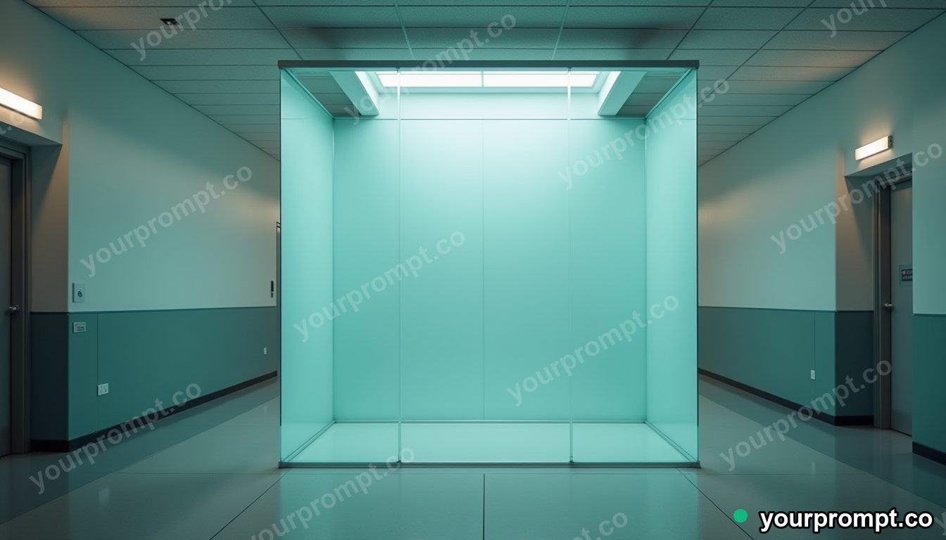 Glass curtain rail sealed inside a transparent cube inside a quiet municipal hallway — 5 AI style variations of one prompt