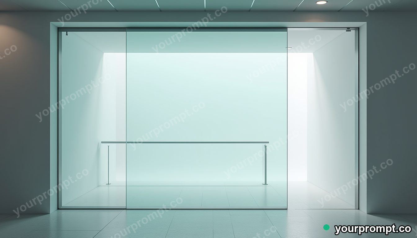 Glass curtain rail sealed inside a transparent cube inside a quiet municipal hallway · premium material editorial — AI-generated image