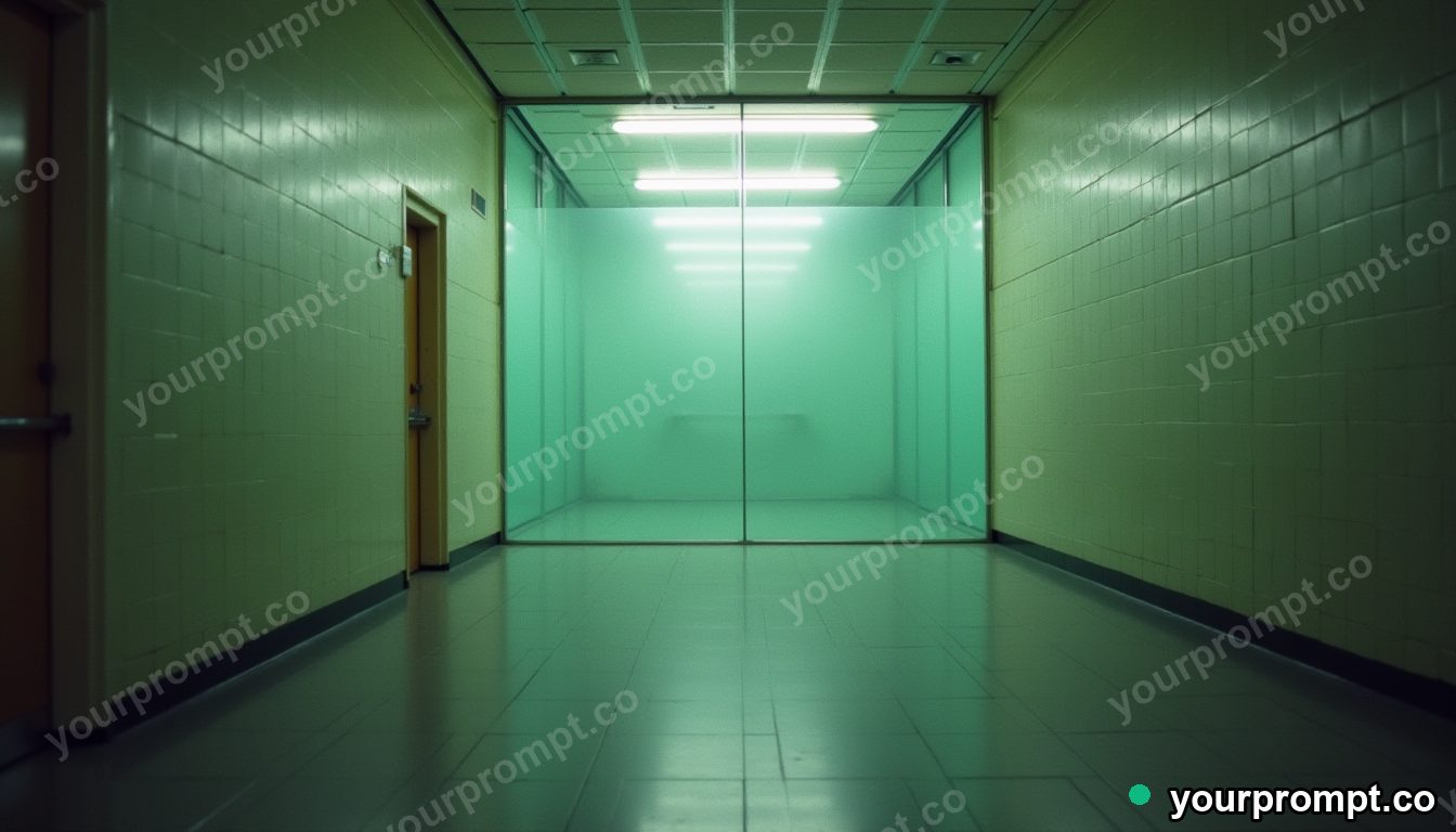 Glass curtain rail sealed inside a transparent cube inside a quiet municipal hallway · analog empty archive — AI-generated image