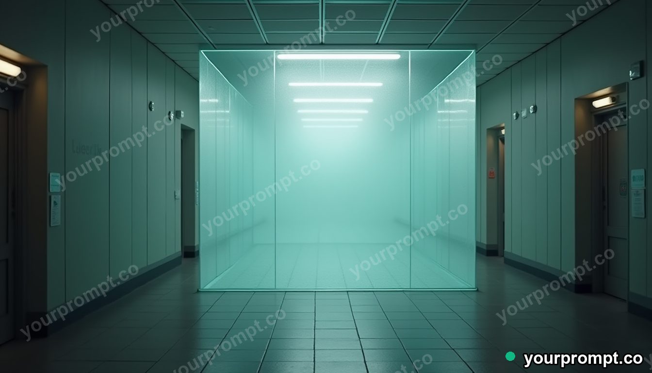 Glass curtain rail sealed inside a transparent cube inside a quiet municipal hallway · impossible physics surreal — AI-generated image