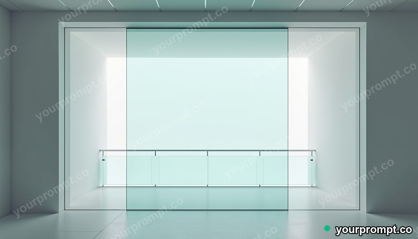 Glass curtain rail sealed inside a transparent cube inside a quiet municipal hallway · minimal graphic geometry — AI-generated image