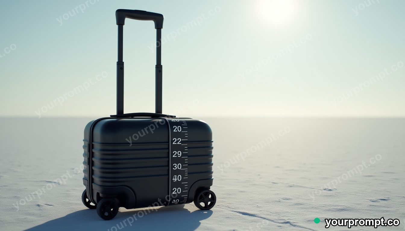 Black suitcase surrounded by precise measurement marks without numbers on a salt-flat horizon · premium material editorial — AI-generated image