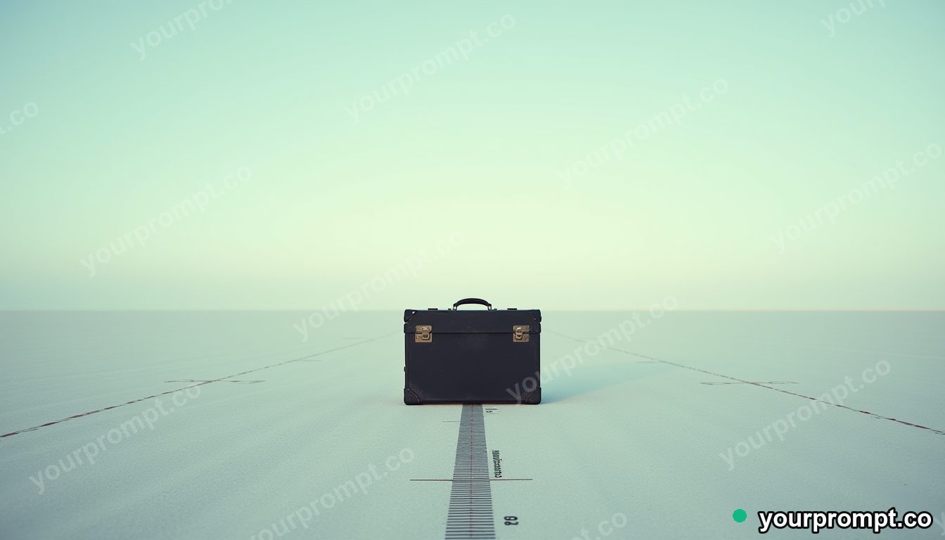 Black suitcase surrounded by precise measurement marks without numbers on a salt-flat horizon · analog empty archive — AI-generated image