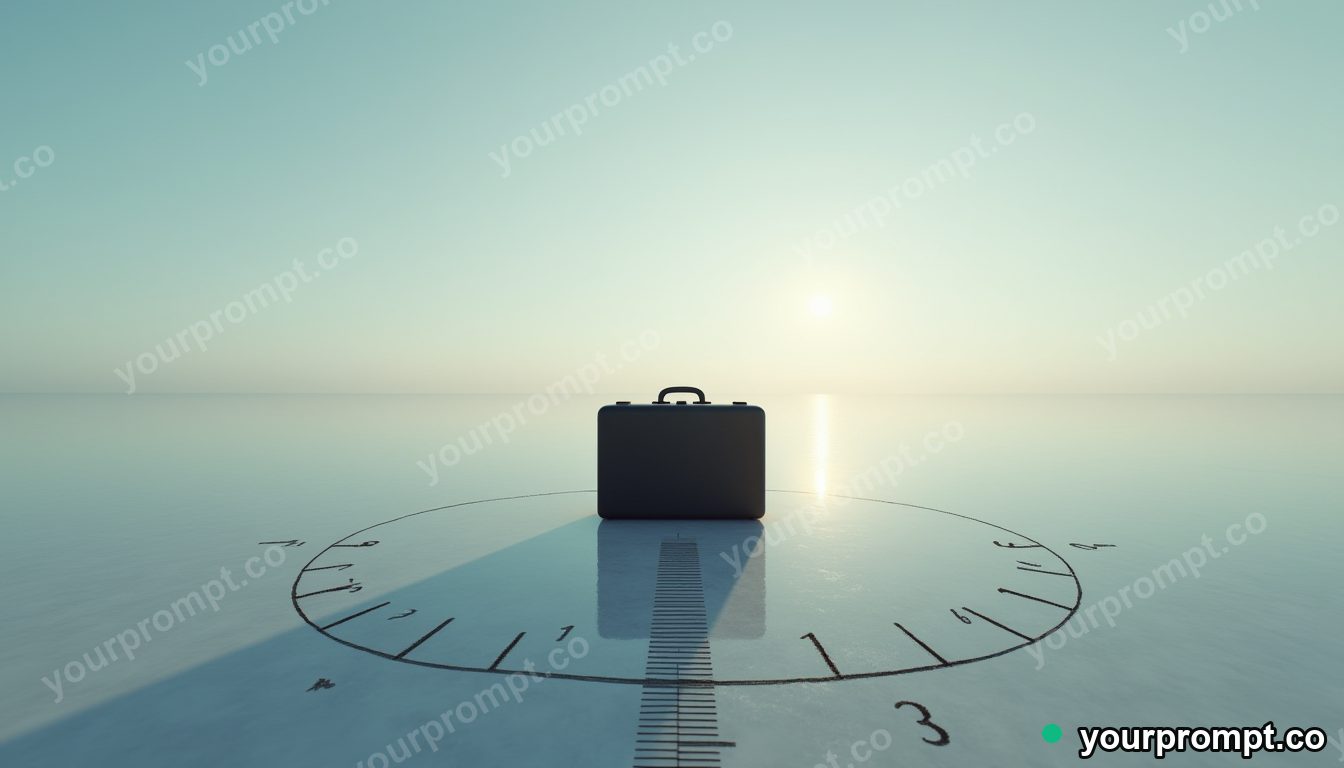 Black suitcase surrounded by precise measurement marks without numbers on a salt-flat horizon · impossible physics surreal — AI-generated image