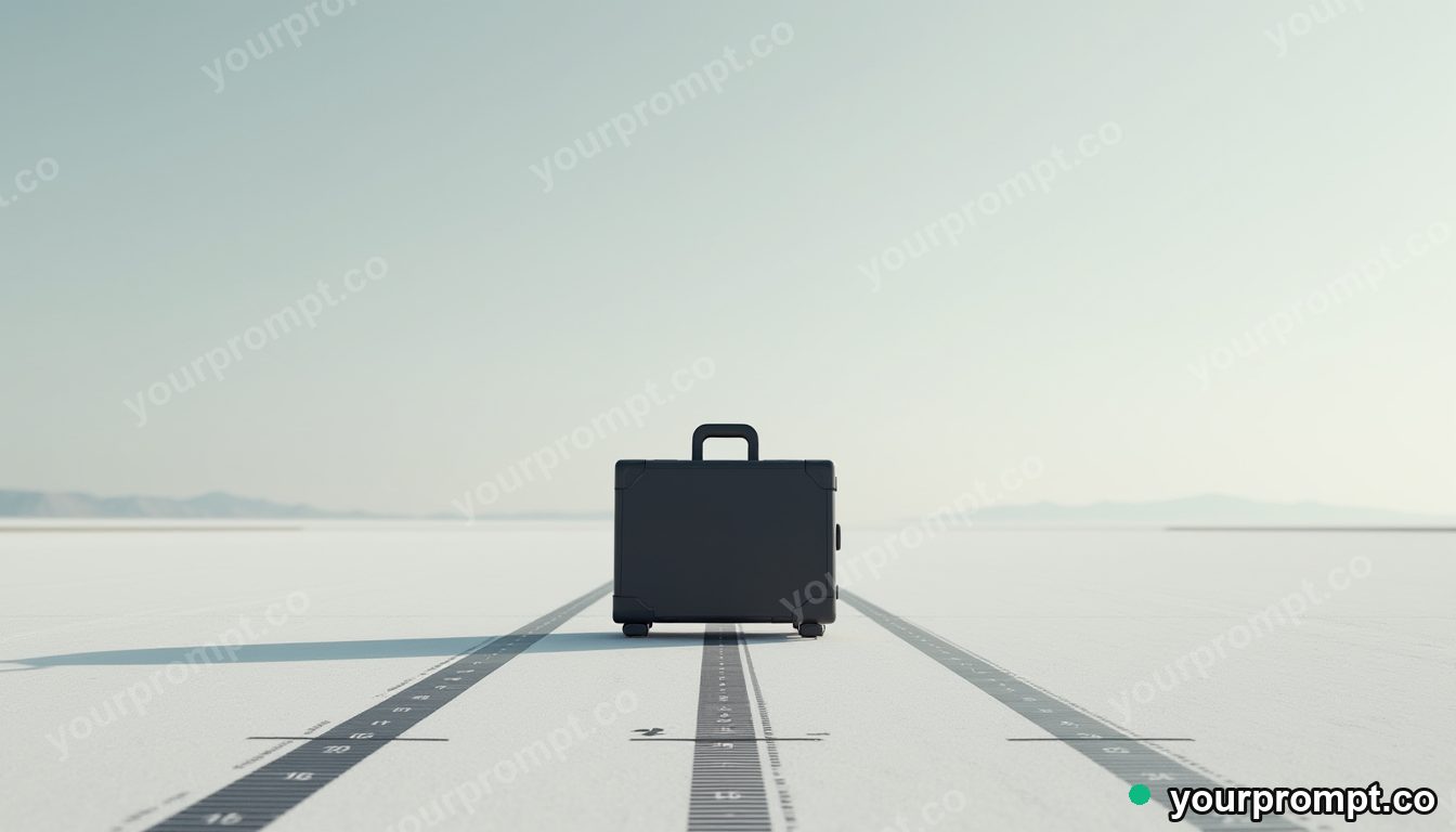 Black suitcase surrounded by precise measurement marks without numbers on a salt-flat horizon · minimal graphic geometry — AI-generated image