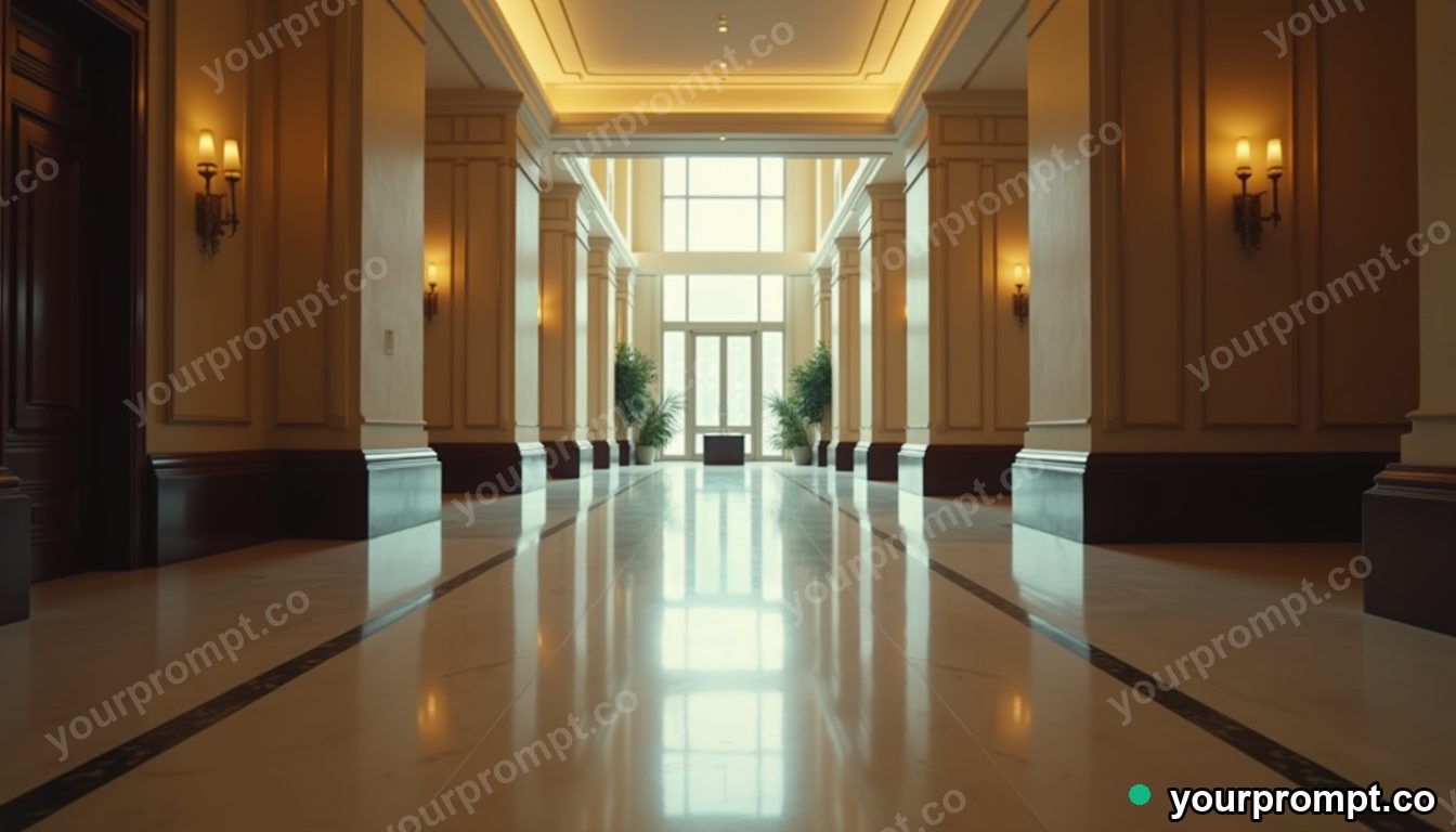 Crystal switch panel stretched into a long impossible perspective inside a vacant hotel lobby — 5 AI style variations of one prompt