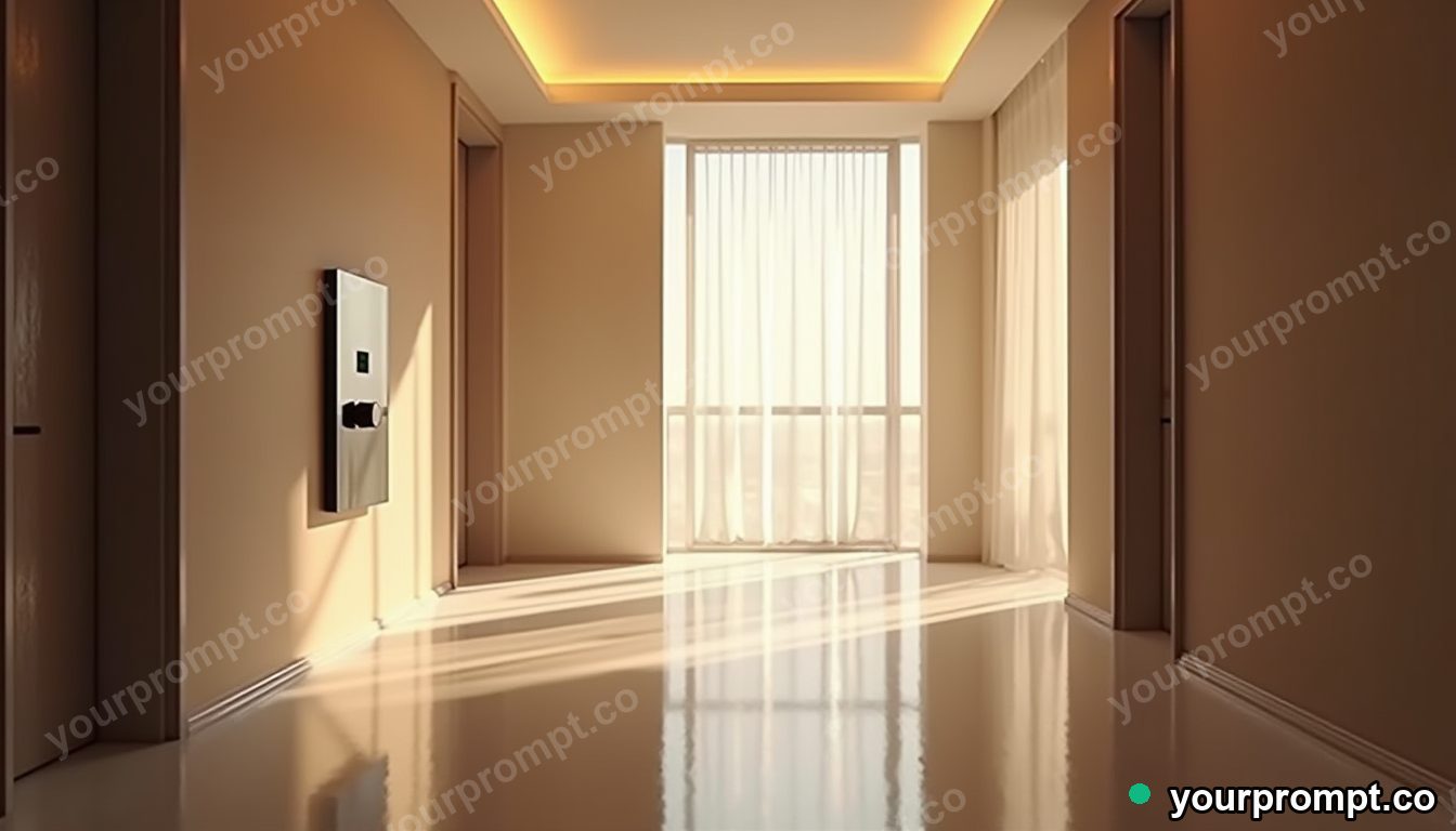 Crystal switch panel stretched into a long impossible perspective inside a vacant hotel lobby · premium material editorial — AI-generated image
