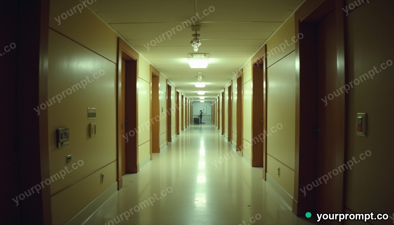 Crystal switch panel stretched into a long impossible perspective inside a vacant hotel lobby · analog empty archive — AI-generated image