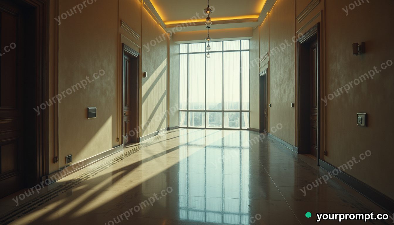 Crystal switch panel stretched into a long impossible perspective inside a vacant hotel lobby · impossible physics surreal — AI-generated image