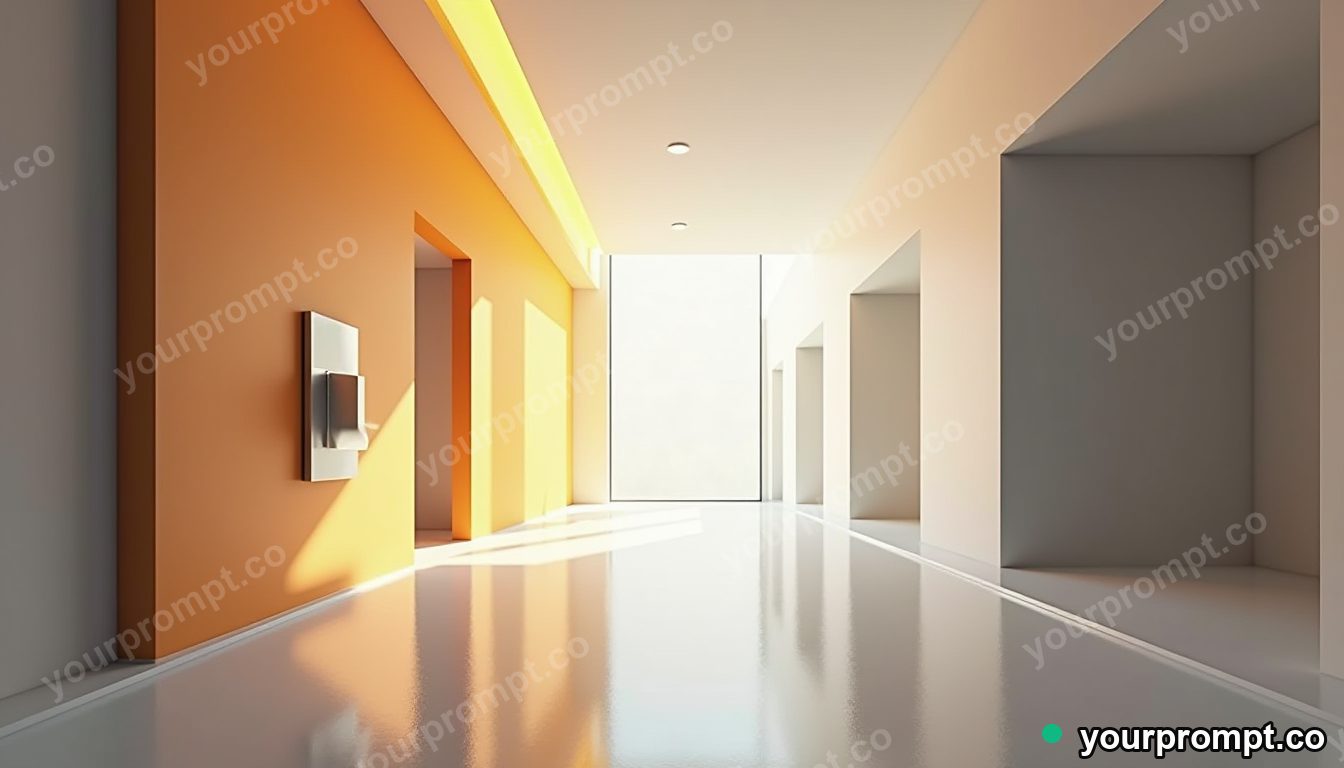 Crystal switch panel stretched into a long impossible perspective inside a vacant hotel lobby · minimal graphic geometry — AI-generated image