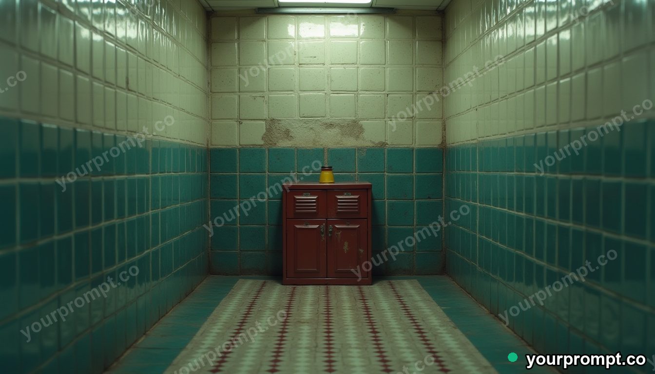 Rubber stamp cabinet melting into geometric tiles in a narrow service stairwell — 5 AI style variations of one prompt