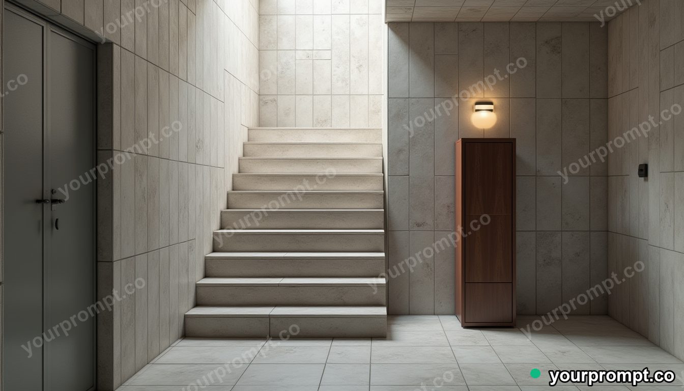 Rubber stamp cabinet melting into geometric tiles in a narrow service stairwell · premium material editorial — AI-generated image