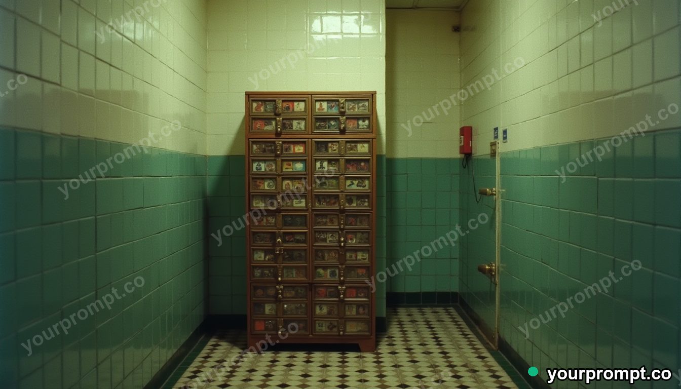 Rubber stamp cabinet melting into geometric tiles in a narrow service stairwell · analog empty archive — AI-generated image
