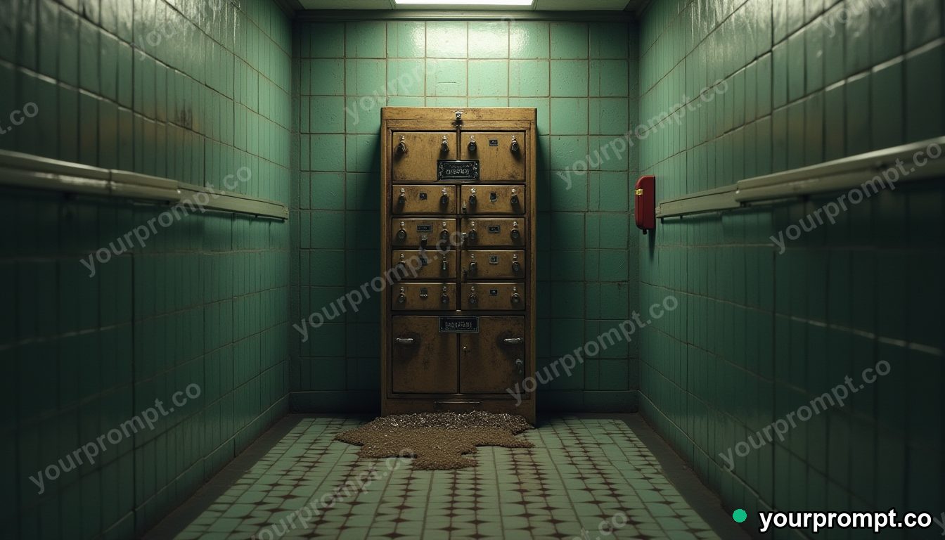Rubber stamp cabinet melting into geometric tiles in a narrow service stairwell · impossible physics surreal — AI-generated image