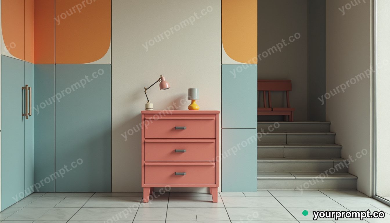 Rubber stamp cabinet melting into geometric tiles in a narrow service stairwell · minimal graphic geometry — AI-generated image