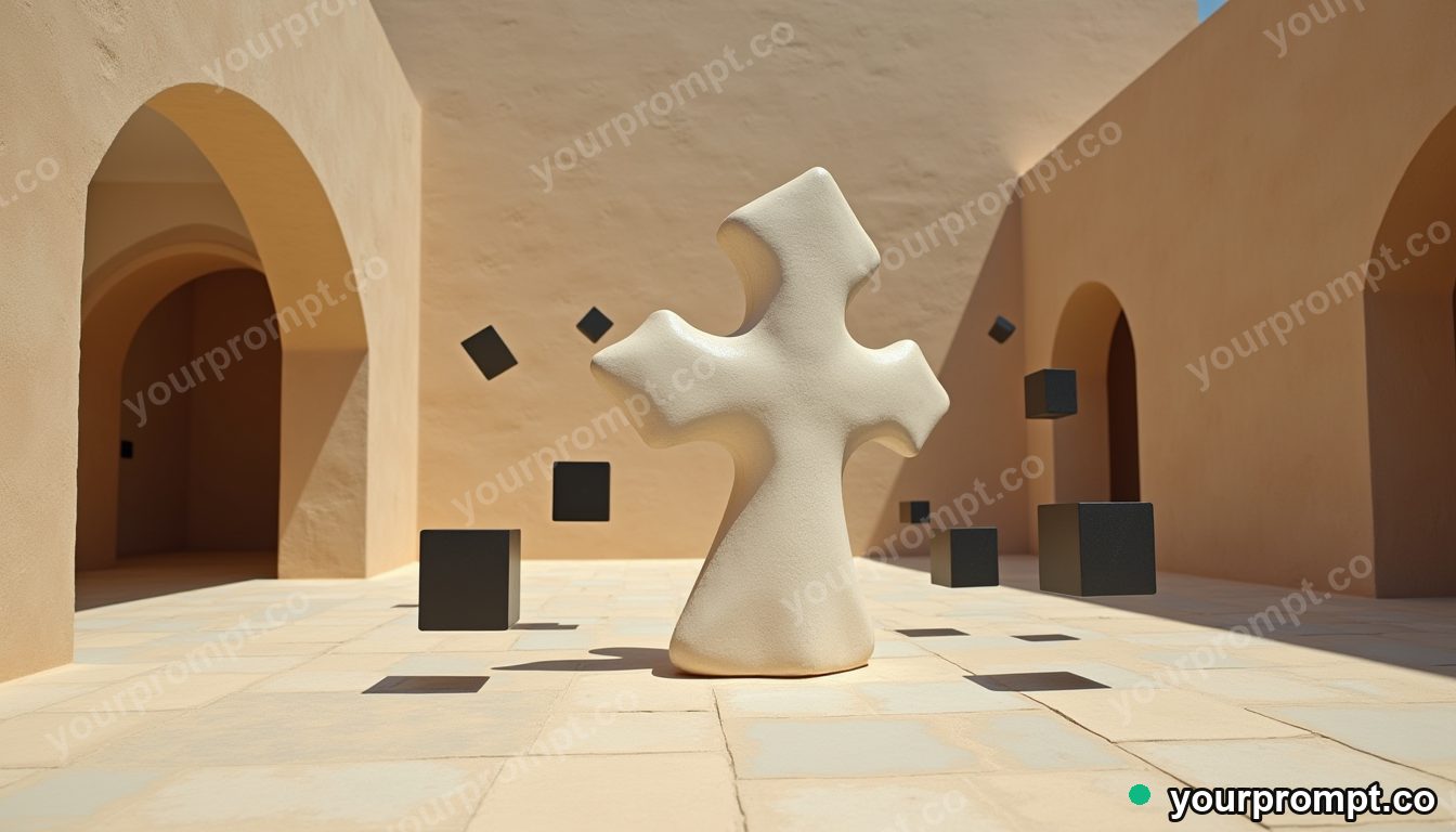 Ceramic road sign surrounded by floating black squares in a sun-bleached courtyard — 5 AI style variations of one prompt