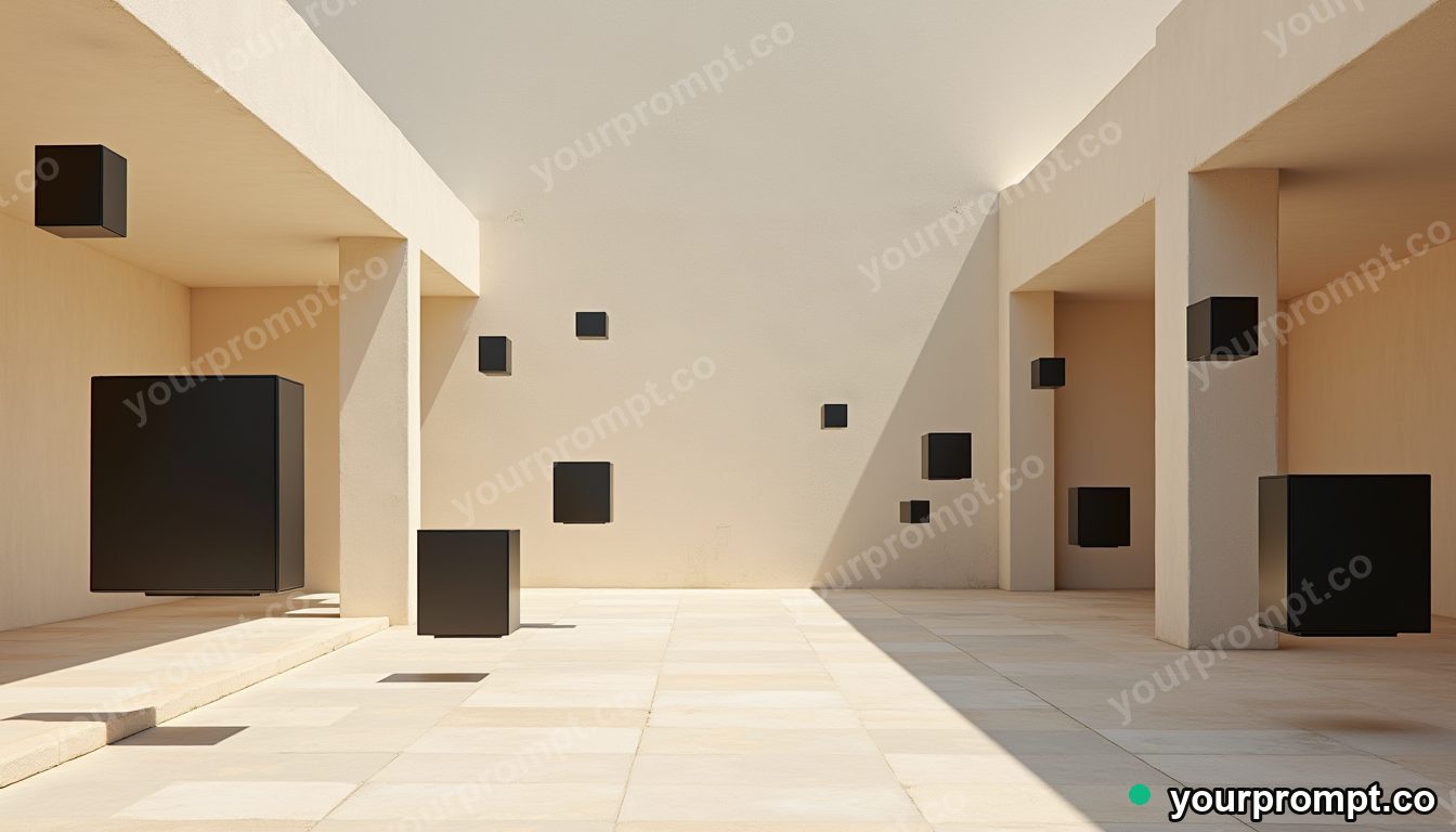 Ceramic road sign surrounded by floating black squares in a sun-bleached courtyard · premium material editorial — AI-generated image