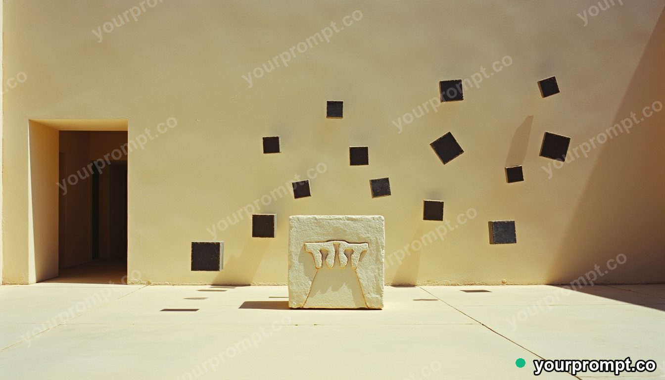 Ceramic road sign surrounded by floating black squares in a sun-bleached courtyard · analog empty archive — AI-generated image