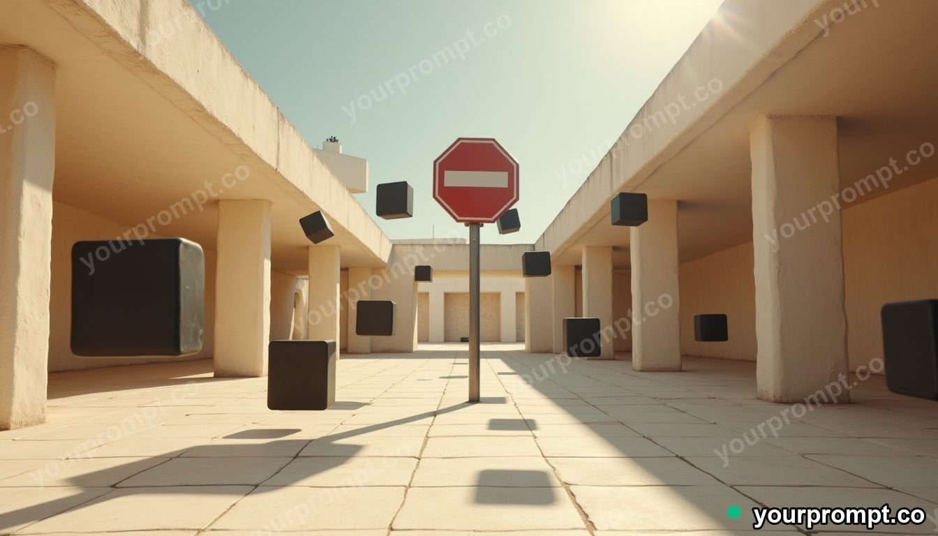 Ceramic road sign surrounded by floating black squares in a sun-bleached courtyard · impossible physics surreal — AI-generated image