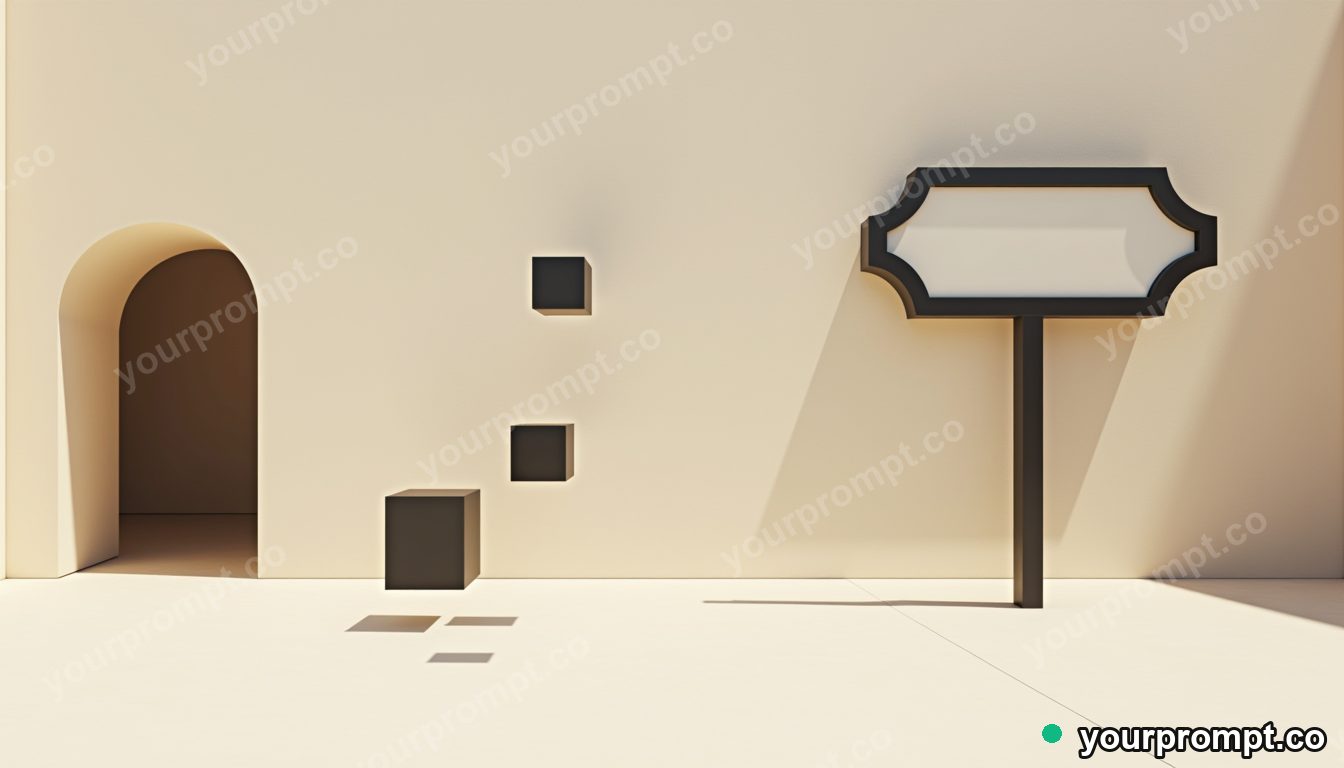 Ceramic road sign surrounded by floating black squares in a sun-bleached courtyard · minimal graphic geometry — AI-generated image