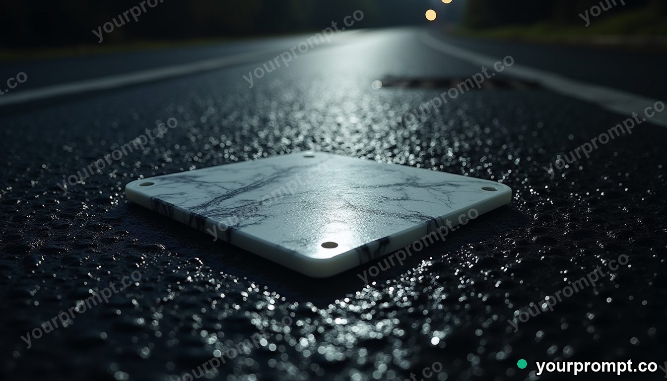 Marble circuit board casting a shadow that points upward on wet black asphalt at night — 5 AI style variations of one prompt