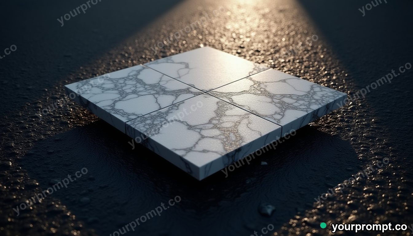 Marble circuit board casting a shadow that points upward on wet black asphalt at night · premium material editorial — AI-generated image