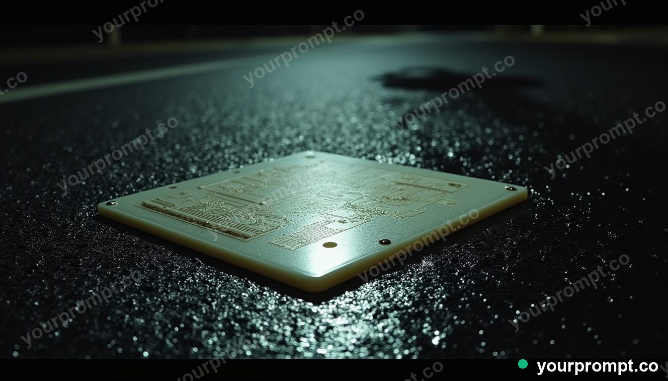 Marble circuit board casting a shadow that points upward on wet black asphalt at night · analog empty archive — AI-generated image