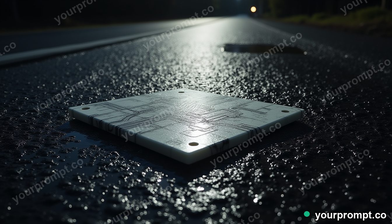 Marble circuit board casting a shadow that points upward on wet black asphalt at night · impossible physics surreal — AI-generated image