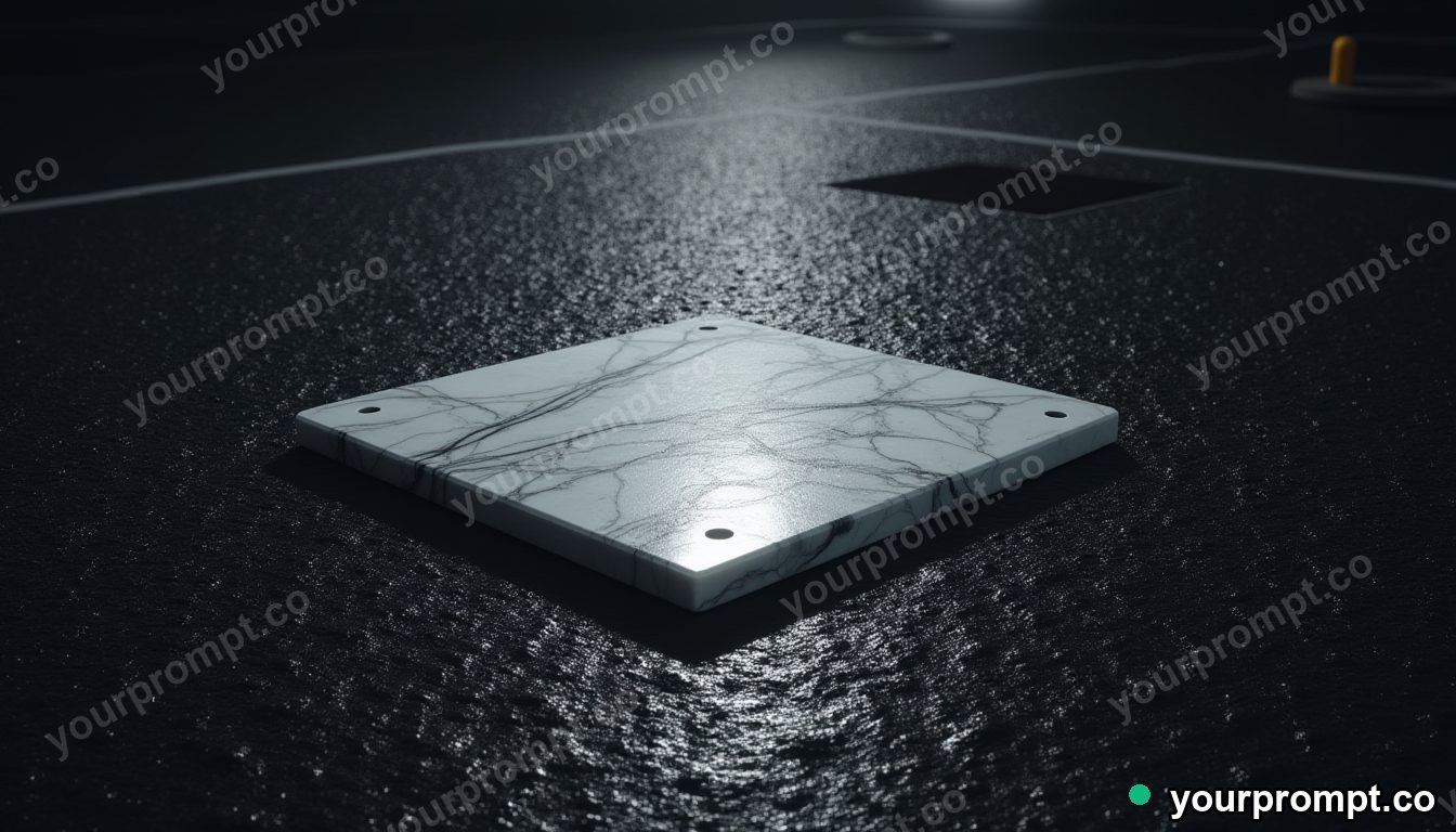 Marble circuit board casting a shadow that points upward on wet black asphalt at night · minimal graphic geometry — AI-generated image