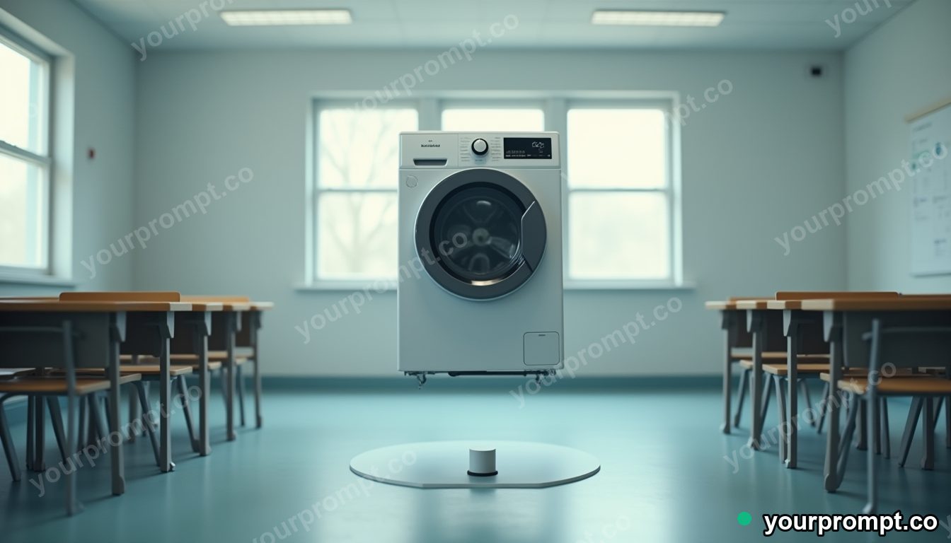 Quartz washing machine balanced on a single invisible point inside an empty classroom — 5 AI style variations of one prompt