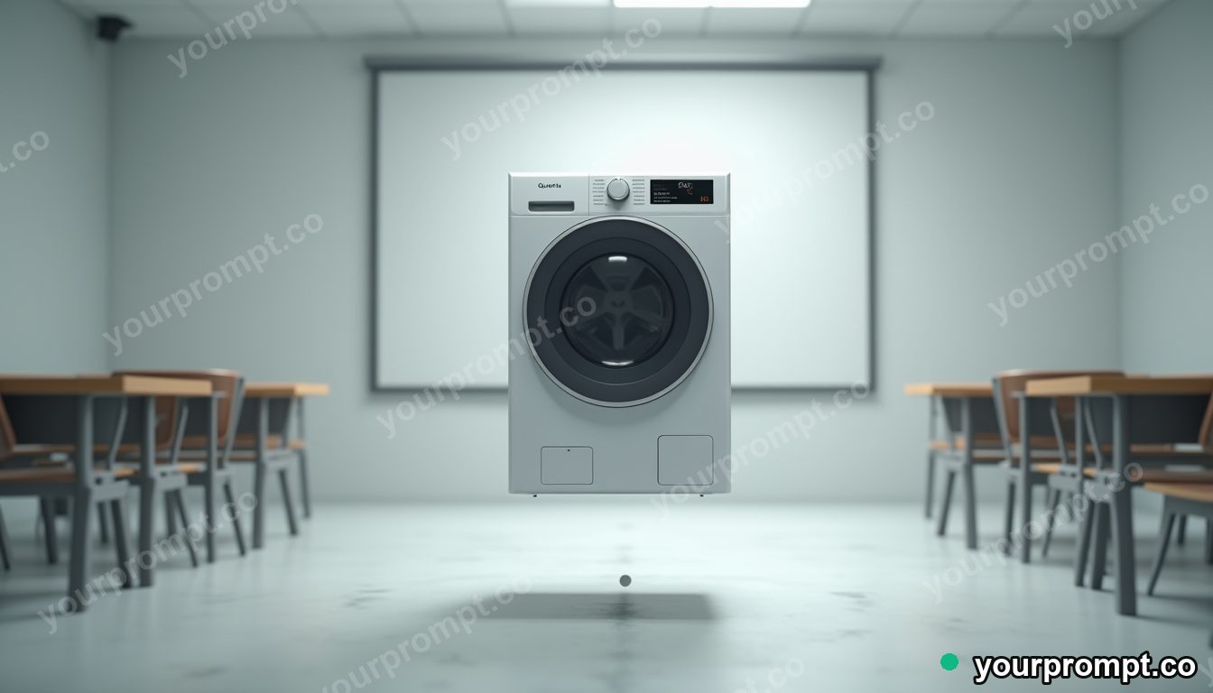 Quartz washing machine balanced on a single invisible point inside an empty classroom · premium material editorial — AI-generated image