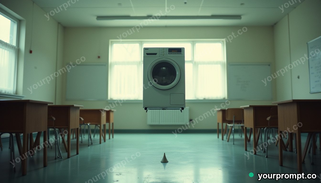 Quartz washing machine balanced on a single invisible point inside an empty classroom · analog empty archive — AI-generated image