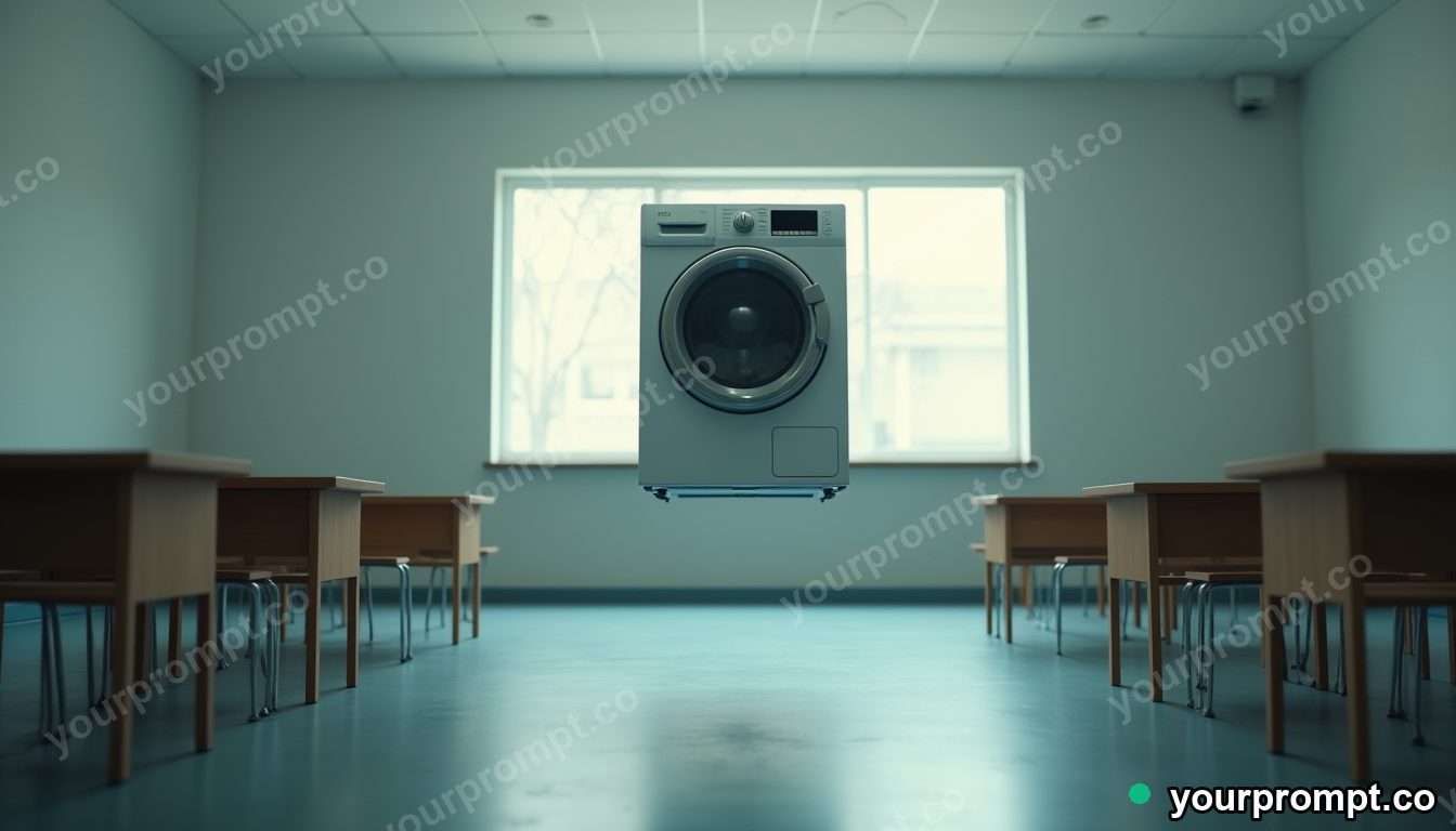 Quartz washing machine balanced on a single invisible point inside an empty classroom · impossible physics surreal — AI-generated image